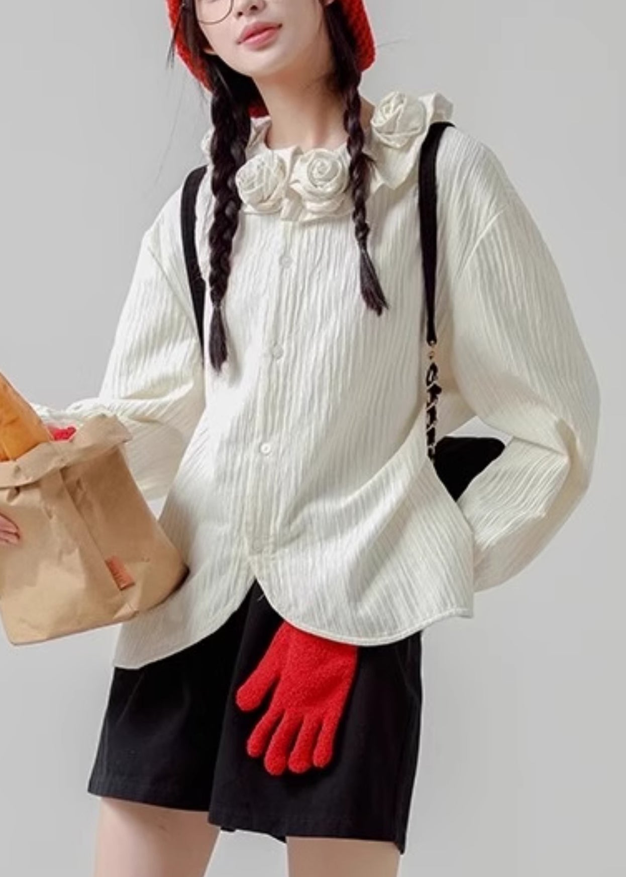 Cotton White Button Spring Shirt Floral Loose