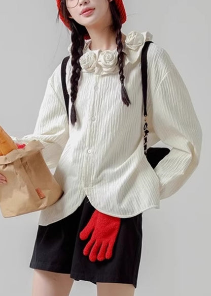 Cotton White Button Spring Shirt Floral Loose