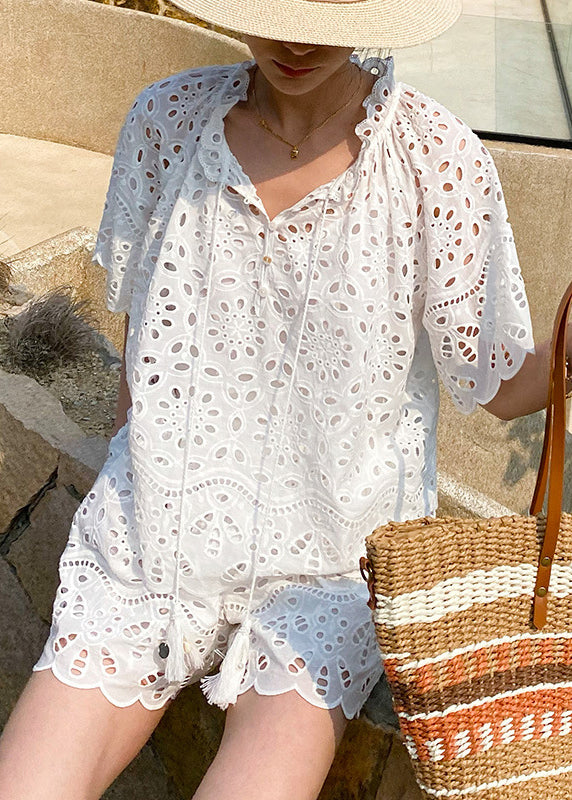 Up White Two Summer Lace Hollow Piece Set Out Loose Cotton