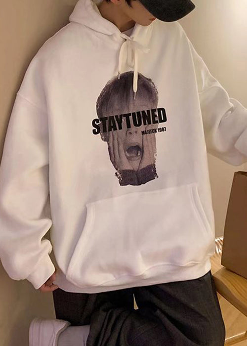 Loose White Hooded Print Pockets Cotton Men Sweatshirt Spring YQ020