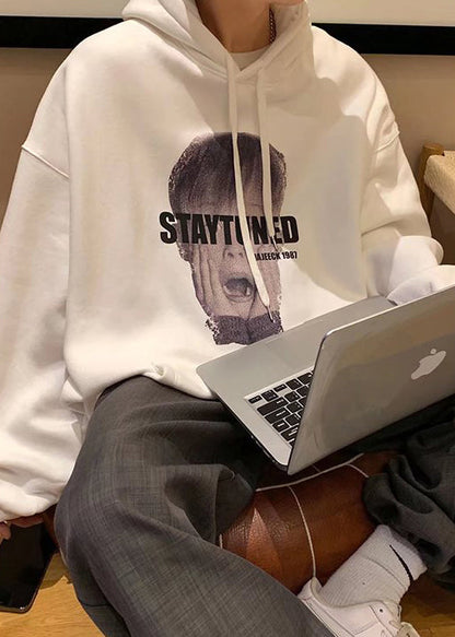 Loose White Hooded Print Pockets Cotton Men Sweatshirt Spring YQ020