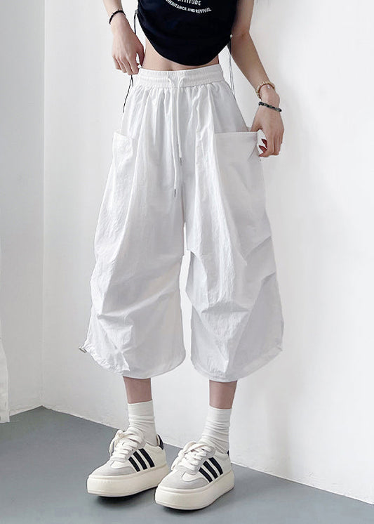 Solid Pockets Cotton Loose Lace White Up Crop Pants
