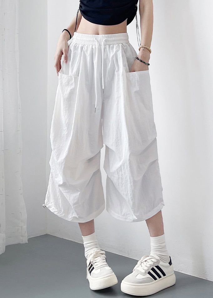 Solid Pockets Cotton Loose Lace White Up Crop Pants