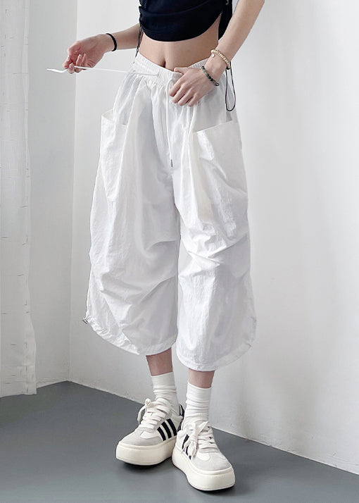 Solid Pockets Cotton Loose Lace White Up Crop Pants