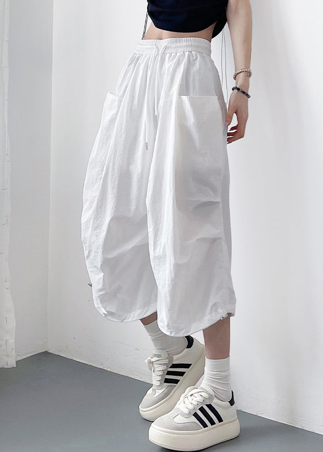 Solid Pockets Cotton Loose Lace White Up Crop Pants