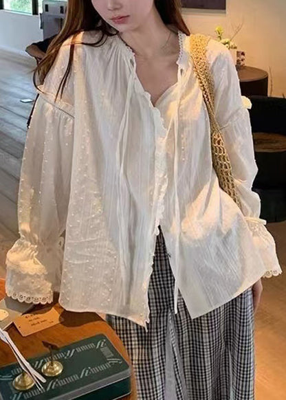 Lace White Flare Cotton Shirt Ruffled Up Loose Sleeve