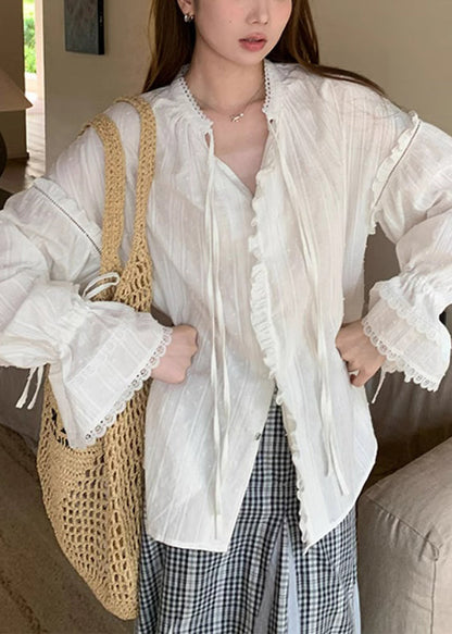 Lace White Flare Cotton Shirt Ruffled Up Loose Sleeve