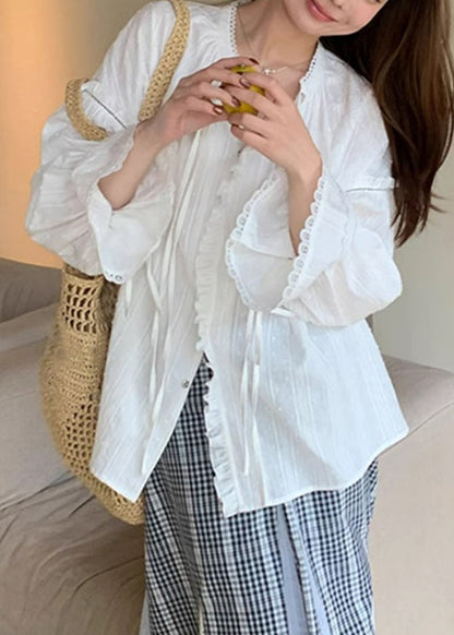 Lace White Flare Cotton Shirt Ruffled Up Loose Sleeve