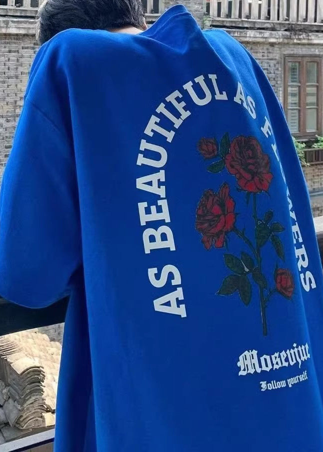 Mens Graphic Cotton Tees Half White Love Letter Loose Roses