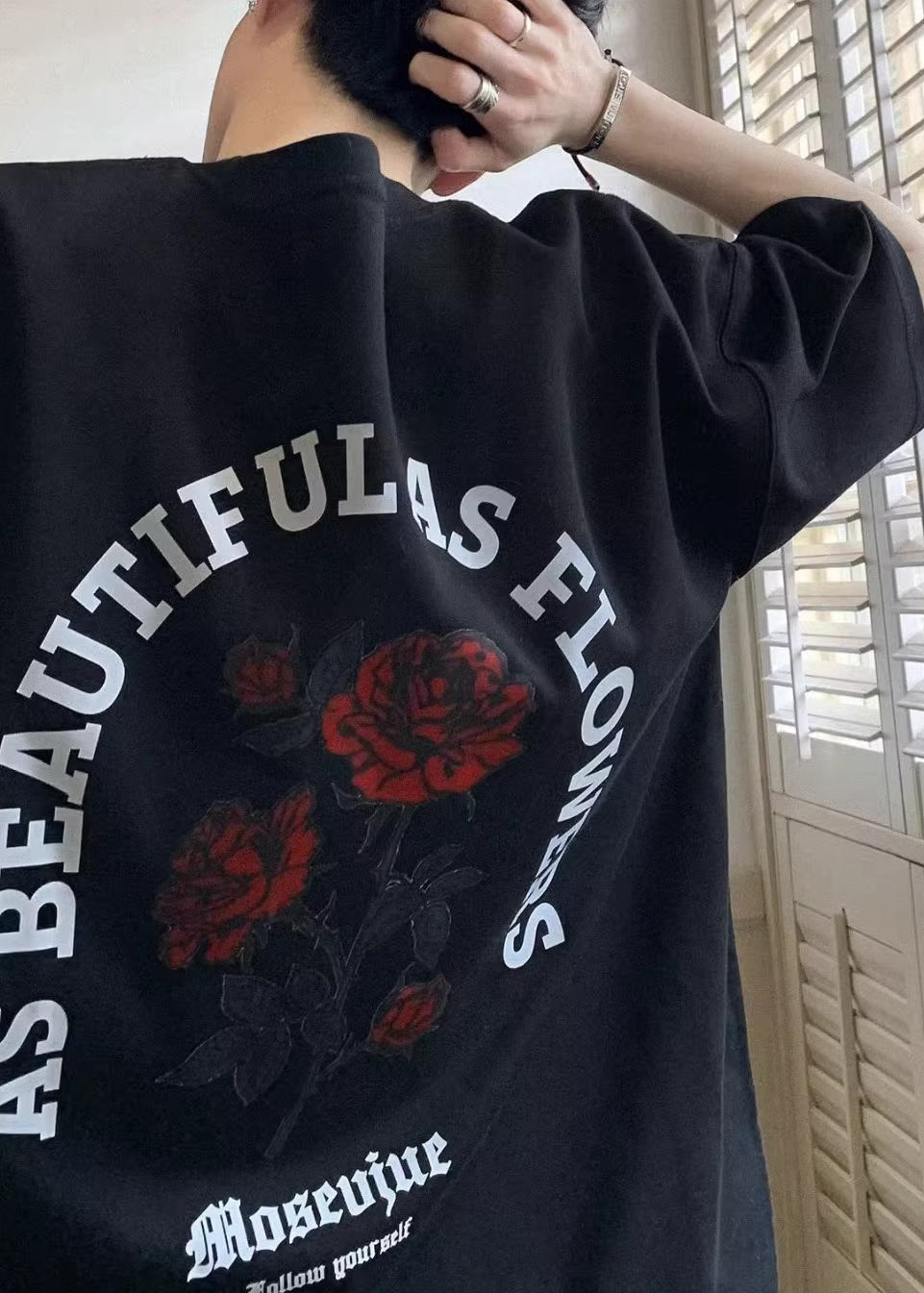 Mens Graphic Cotton Tees Half White Love Letter Loose Roses