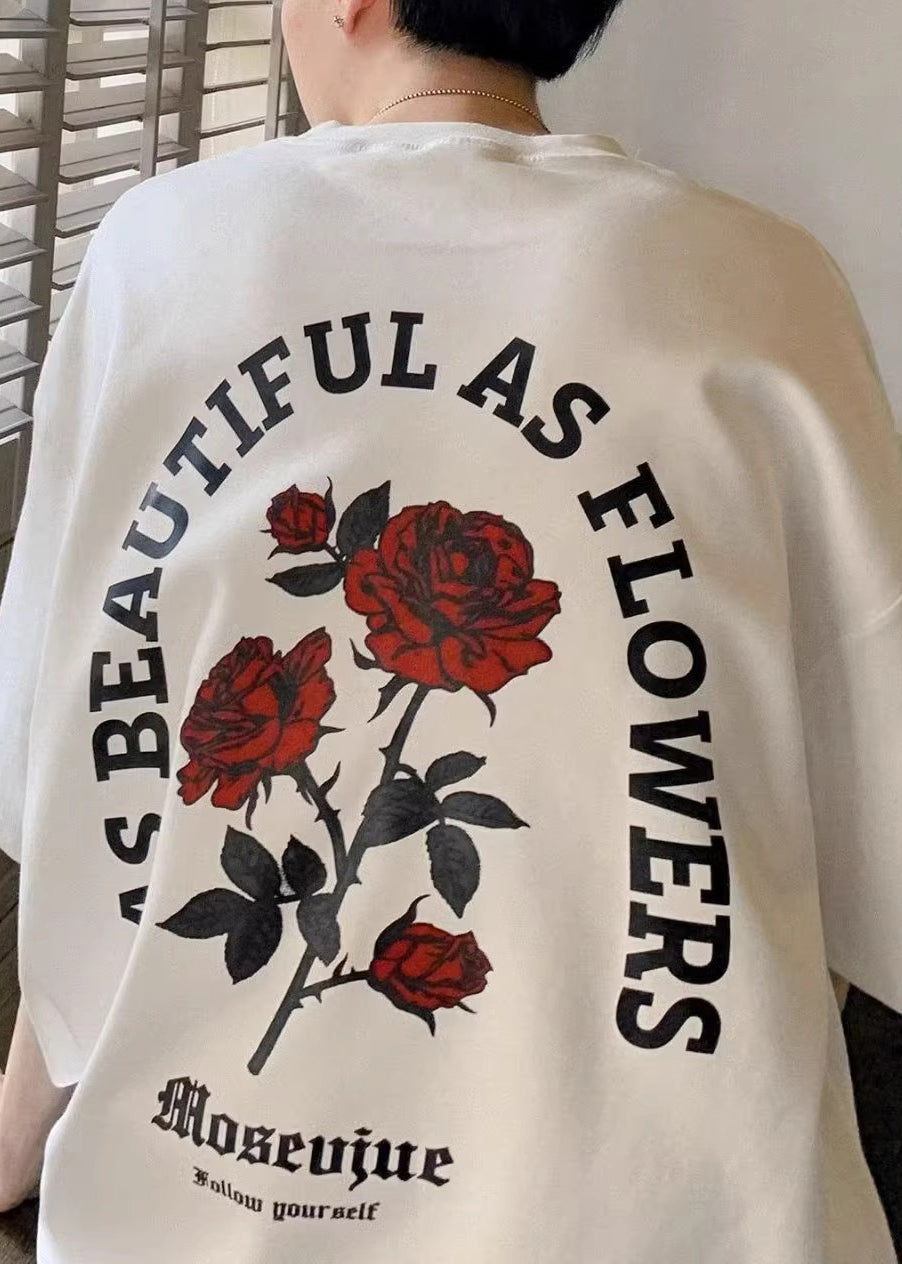 Mens Graphic Cotton Tees Half White Love Letter Loose Roses