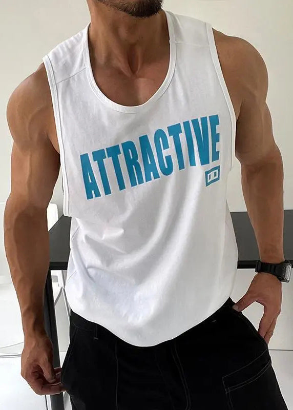 White Sleeveless Tank Neck Loose Letter Cotton Men O