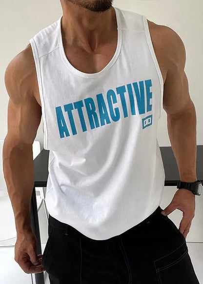 White Sleeveless Tank Neck Loose Letter Cotton Men O