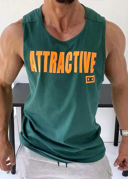 White Sleeveless Tank Neck Loose Letter Cotton Men O