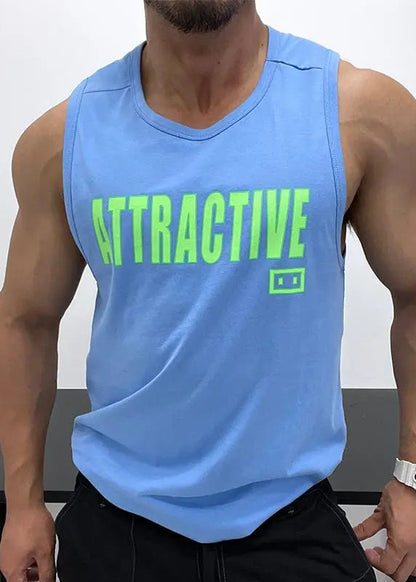 White Sleeveless Tank Neck Loose Letter Cotton Men O