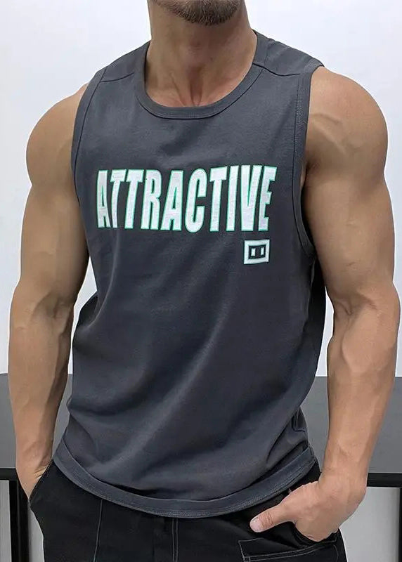 White Sleeveless Tank Neck Loose Letter Cotton Men O