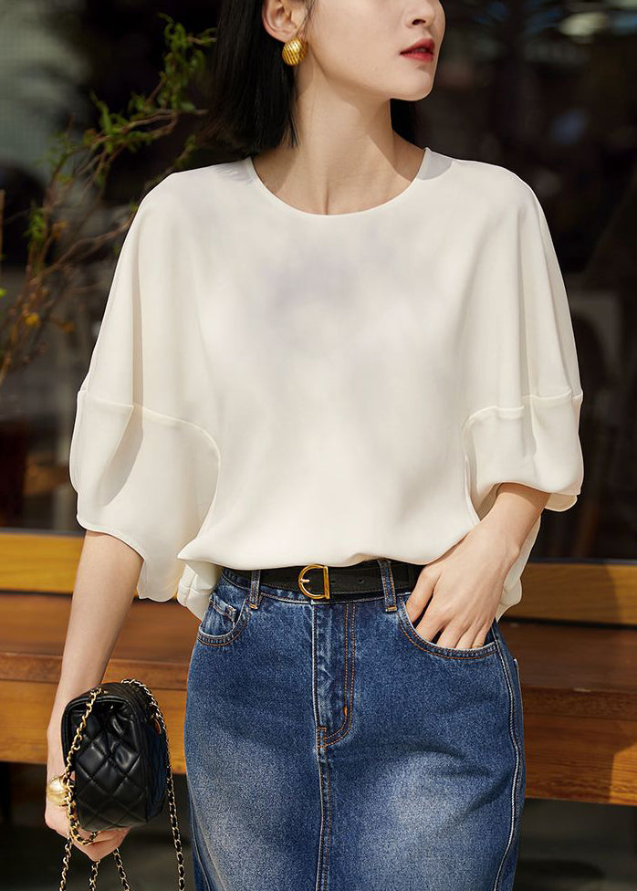 T Batwing Zippered White O Shirts Solid Silk Neck Loose Sleeve