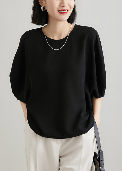 T Batwing Zippered White O Shirts Solid Silk Neck Loose Sleeve