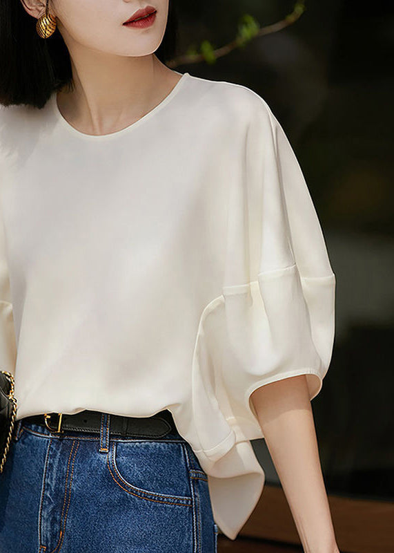 T Batwing Zippered White O Shirts Solid Silk Neck Loose Sleeve