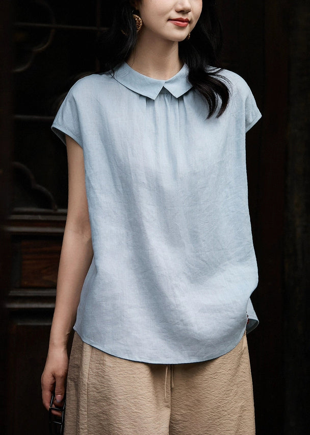 Loose Peter Collar Summer Pan White Solid Shirt Linen Button