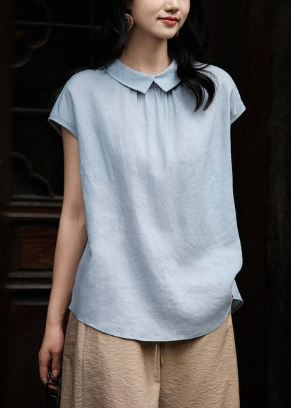 Loose Peter Collar Summer Pan White Solid Shirt Linen Button