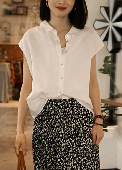 Loose Peter Collar Summer Pan White Solid Shirt Linen Button