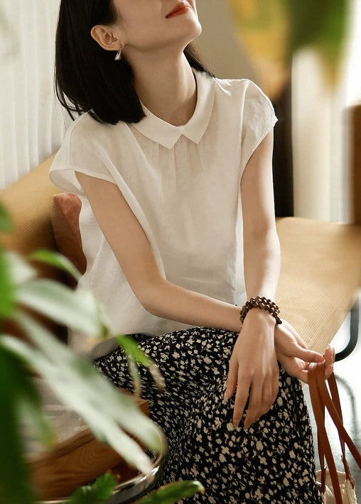 Loose Peter Collar Summer Pan White Solid Shirt Linen Button