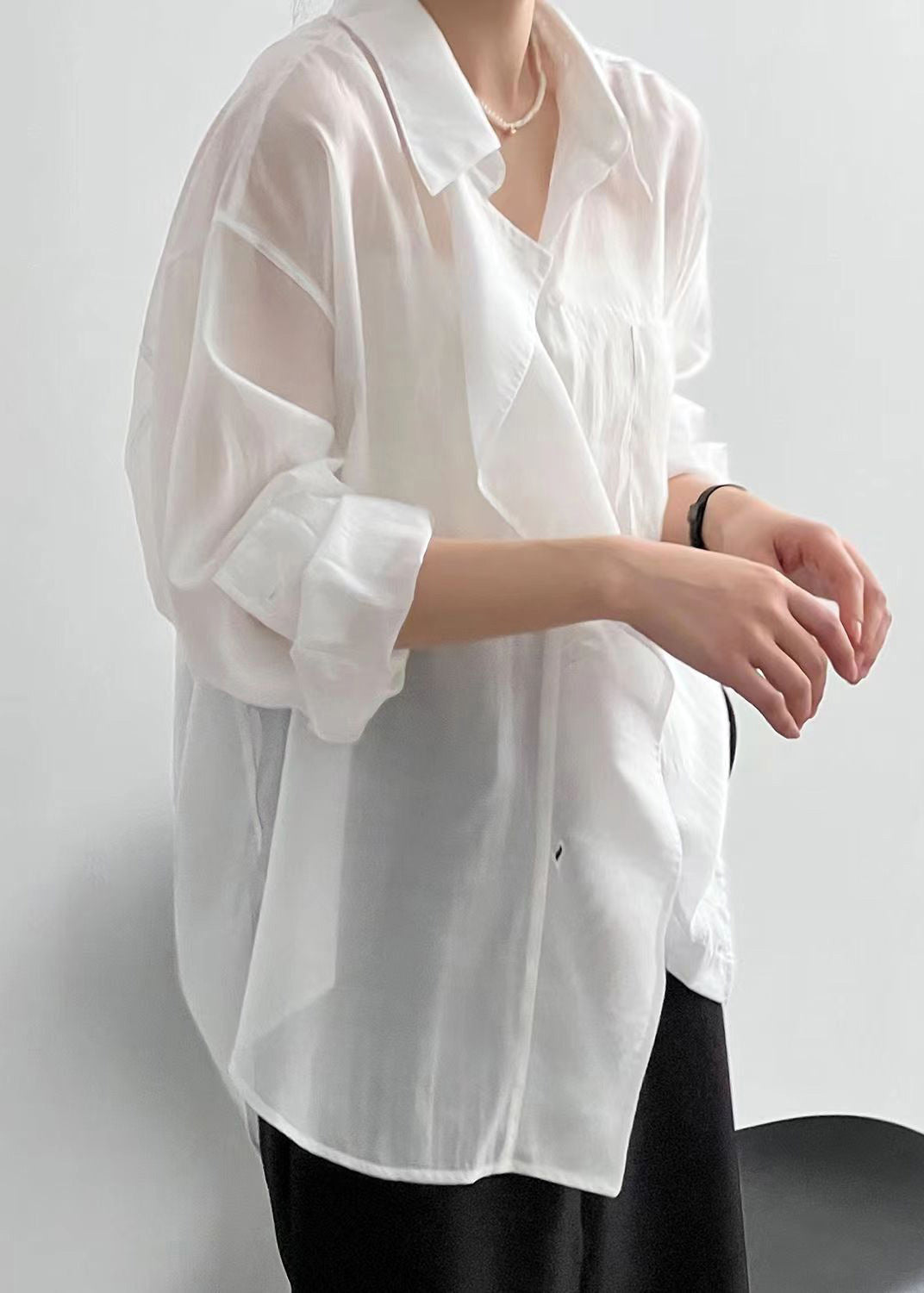 Loose White Peter Pan Collar Patchwork Button Silk Shirt Long Sleeve VB1083