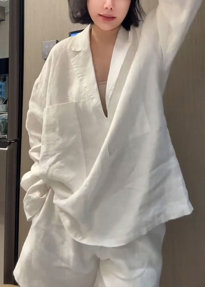 Piece Shorts Shirts Pan Collar Peter Two Linen White Loose And