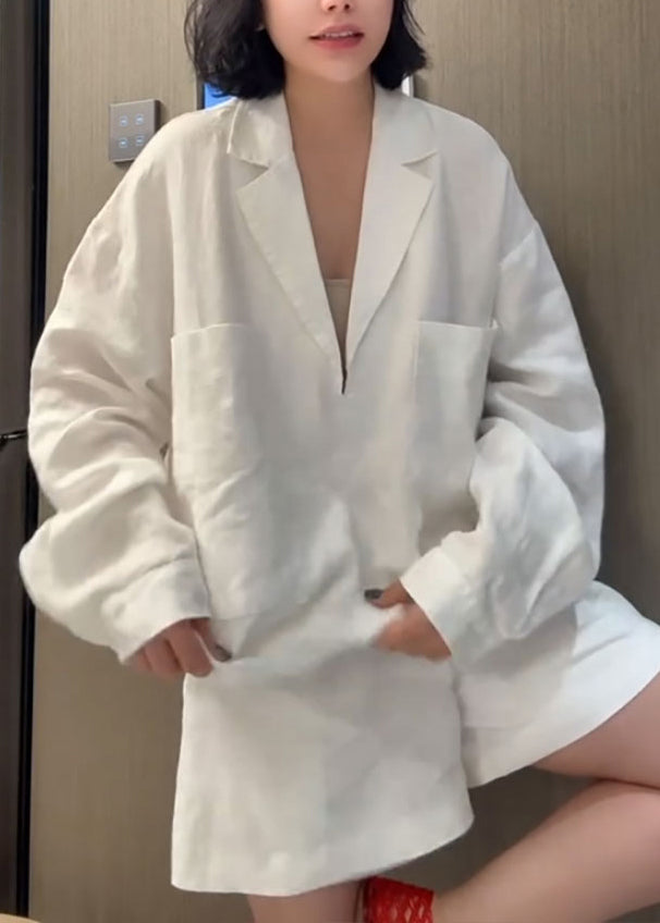 Piece Shorts Shirts Pan Collar Peter Two Linen White Loose And