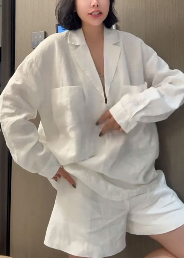 Piece Shorts Shirts Pan Collar Peter Two Linen White Loose And