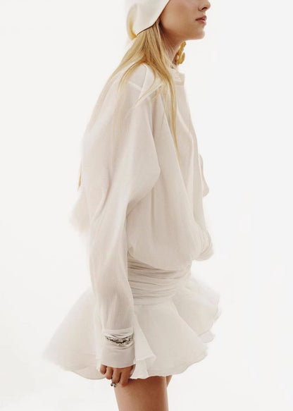 Loose Dress Peter Collar White Spring Pan Shirts Wrinkled Chiffon