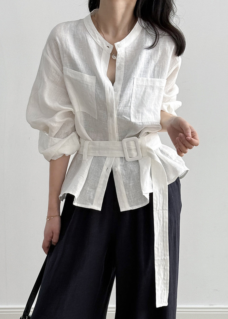 Loose Fall Linen Waist Tie White Pockets Shirt