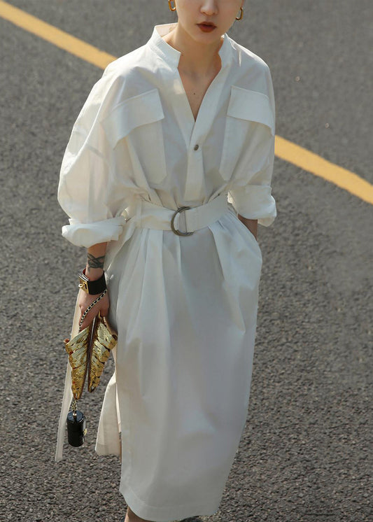 White Dress Fall Open Tie Pockets Waist Cotton Side Blouses Loose
