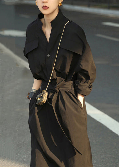 White Dress Fall Open Tie Pockets Waist Cotton Side Blouses Loose