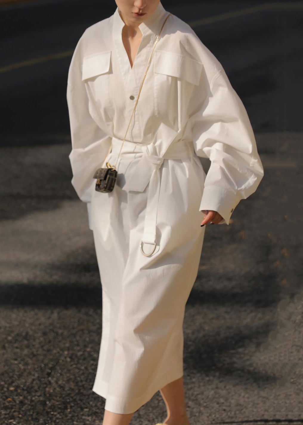 White Dress Fall Open Tie Pockets Waist Cotton Side Blouses Loose