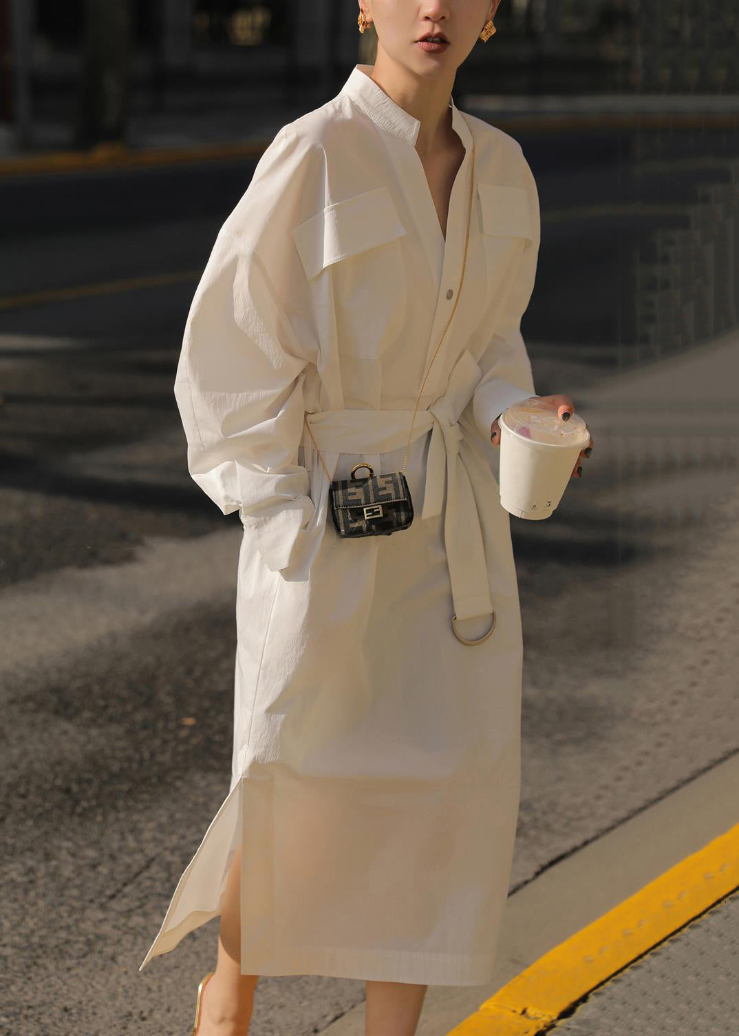 White Dress Fall Open Tie Pockets Waist Cotton Side Blouses Loose