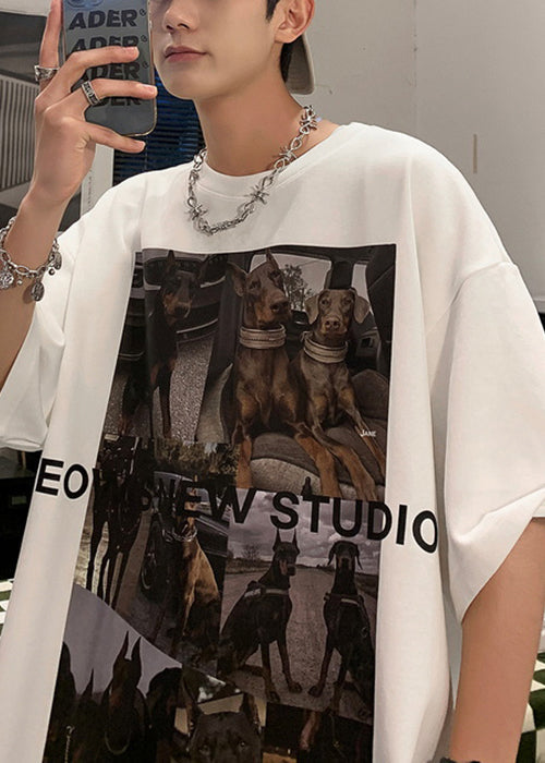 Print T Cozy Loose Cotton Shirts White Mens Summer