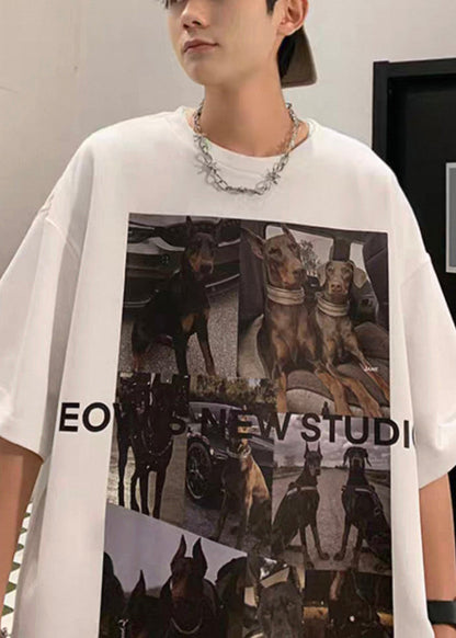 Print T Cozy Loose Cotton Shirts White Mens Summer