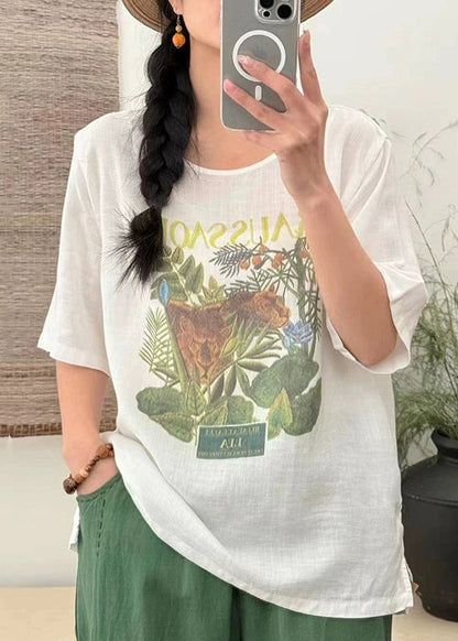 Loose T Open Summer Side Linen Shirts Print White