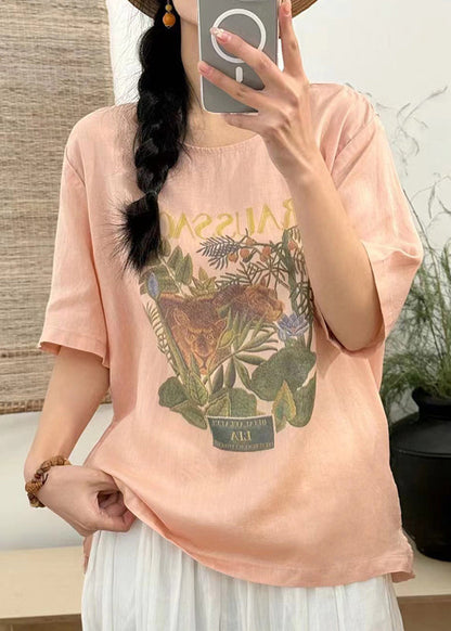 Loose T Open Summer Side Linen Shirts Print White