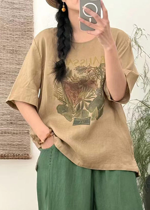 Loose T Open Summer Side Linen Shirts Print White