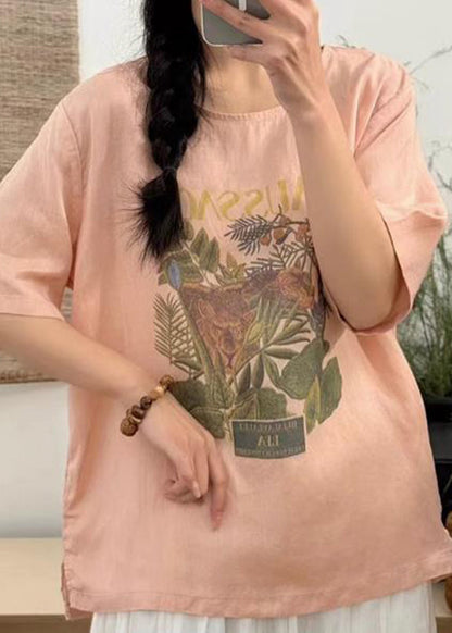 Loose T Open Summer Side Linen Shirts Print White