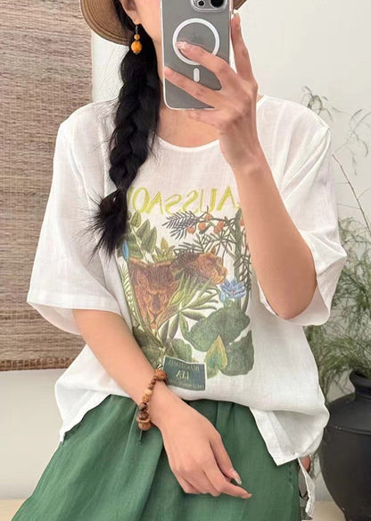 Loose T Open Summer Side Linen Shirts Print White