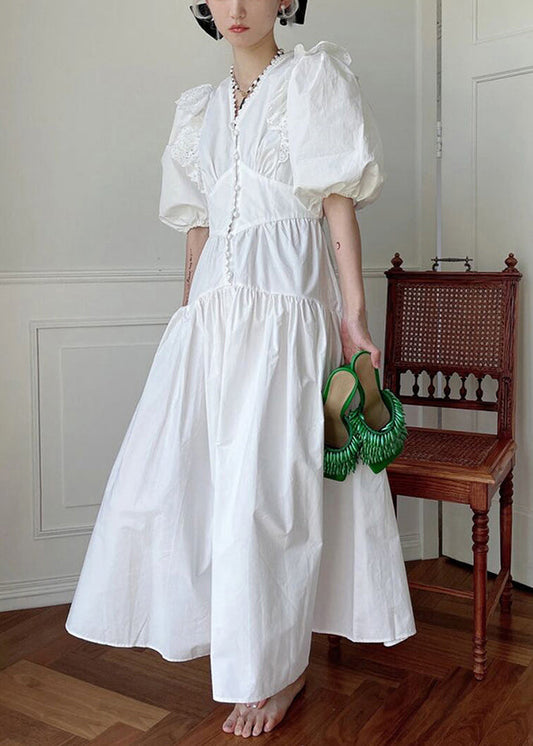 Loose White V Neck Wrinkled Hollow Out Cotton Dress Summer XX071