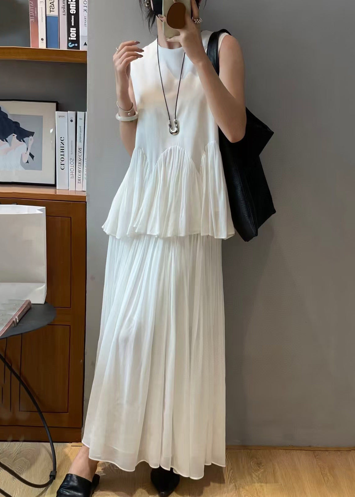 White Chiffon Set Two-Piece Loose Sleeveless Solid Wrinkled