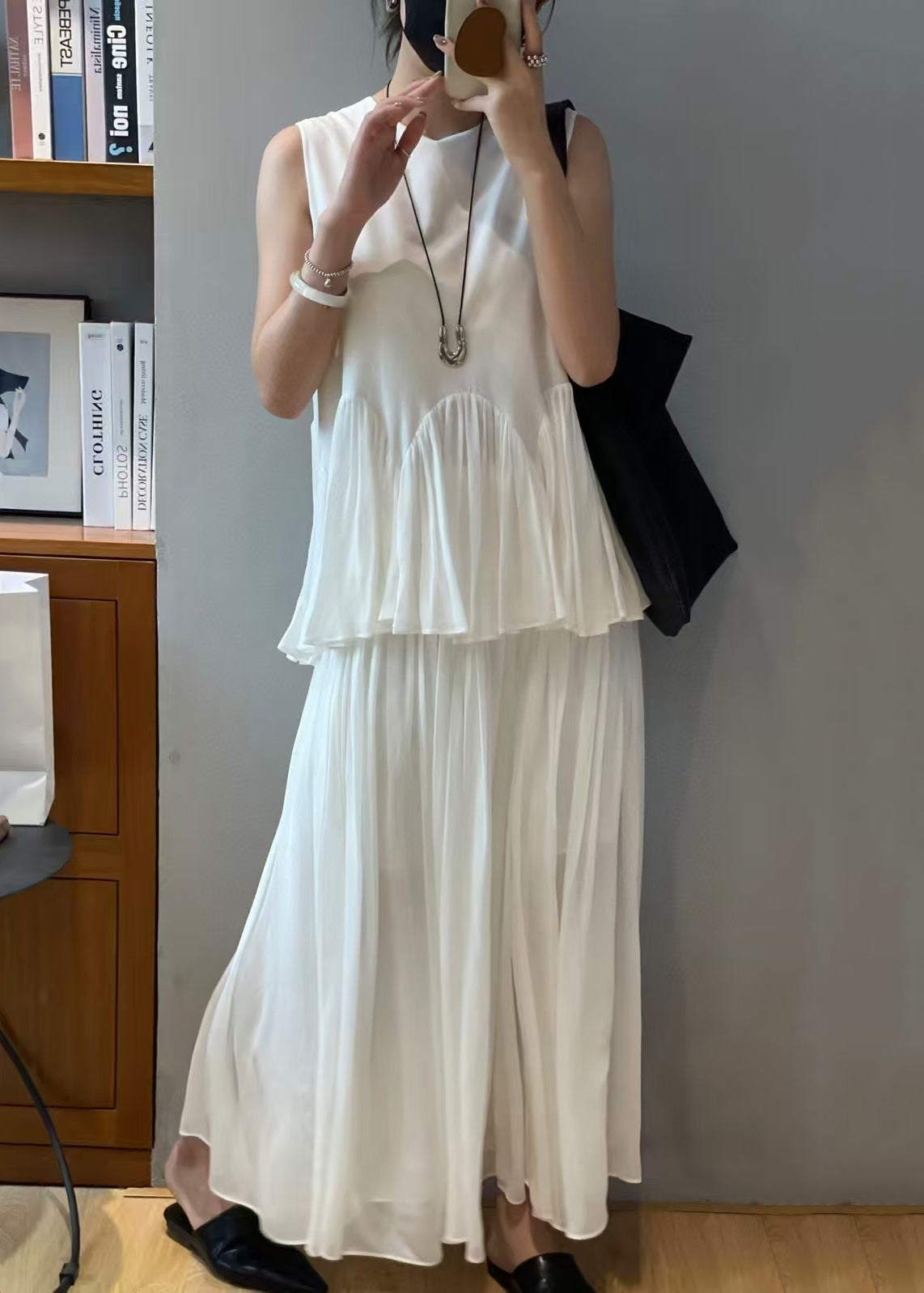 White Chiffon Set Two-Piece Loose Sleeveless Solid Wrinkled