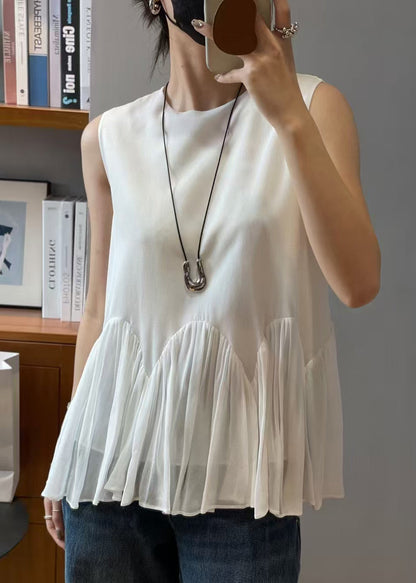 White Chiffon Set Two-Piece Loose Sleeveless Solid Wrinkled