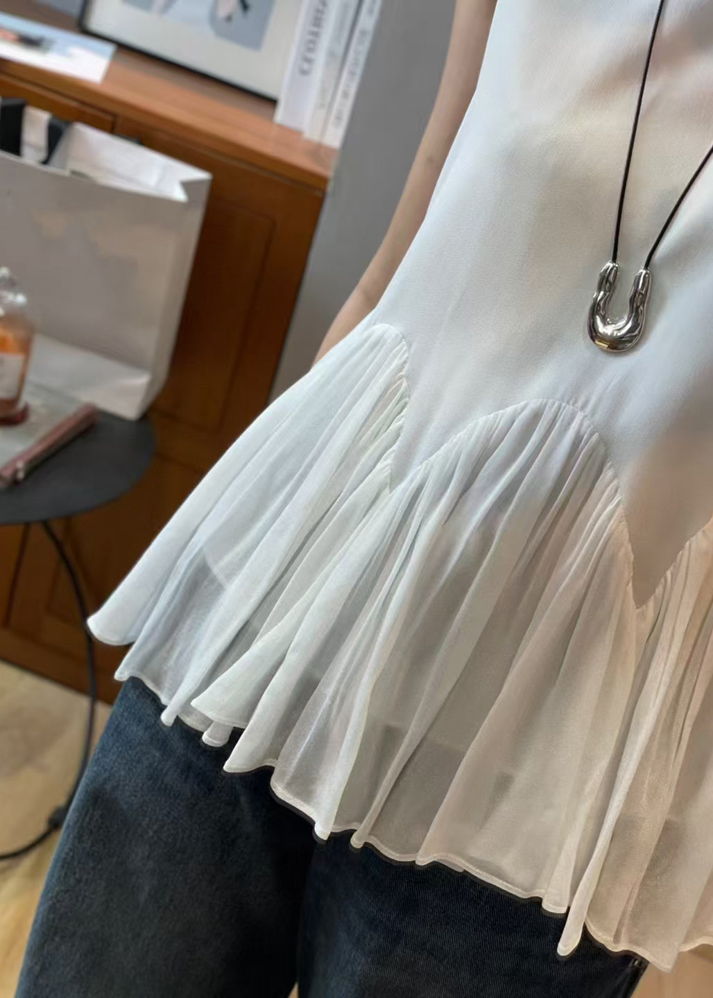 White Chiffon Set Two-Piece Loose Sleeveless Solid Wrinkled