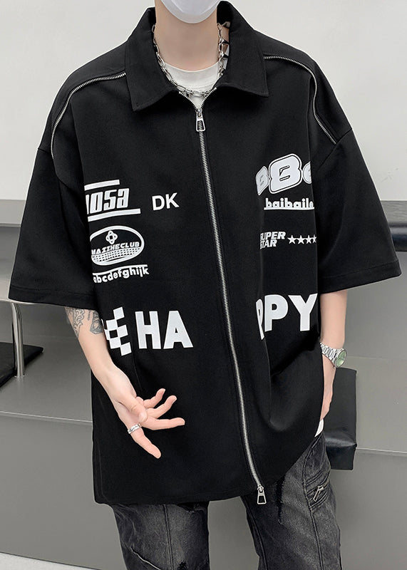 Shirt White Sleeve Up Mens Loose Letter Zip Half Cotton